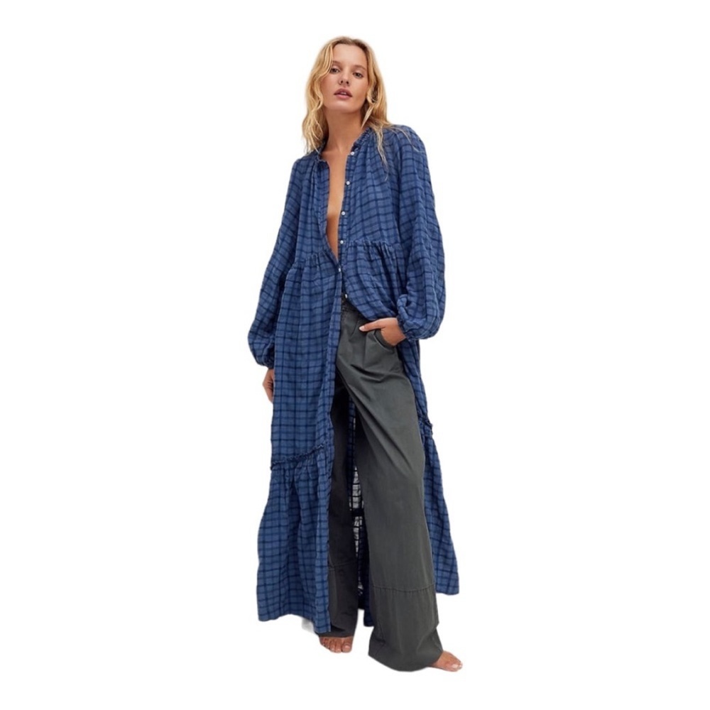 Free People The Edie Duster Plaid Button Maxi Dress Size S